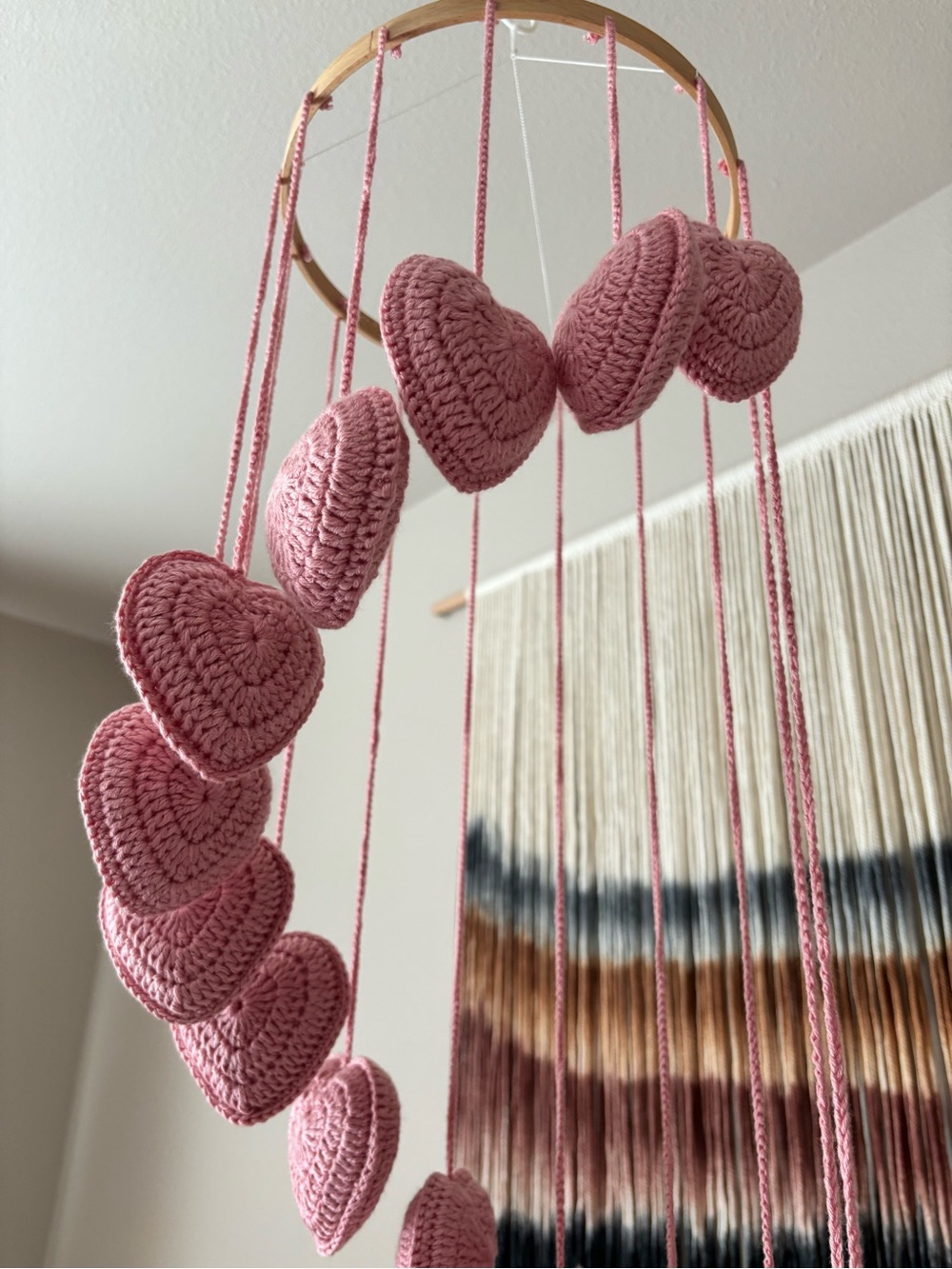 Handmade Crocheted Pink Heart Mobile for Nursery